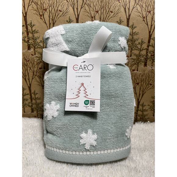 Caro Winter Evergreen Trees Snowflakes Mint Green Plush Bathroom Hand Towels 2 - Picture 2 of 4